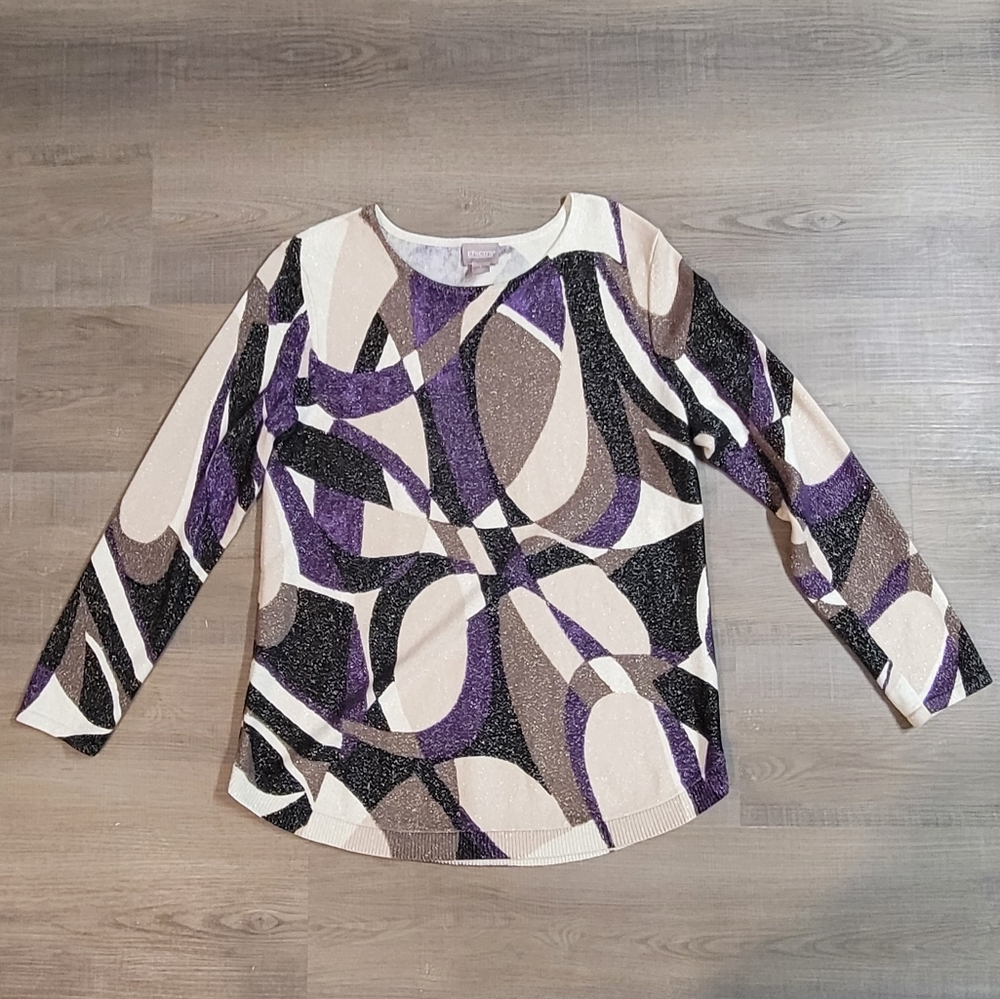 Long Sleeved Sweater Purple White Silver Black Metallic Abstract Artsy SZ 1